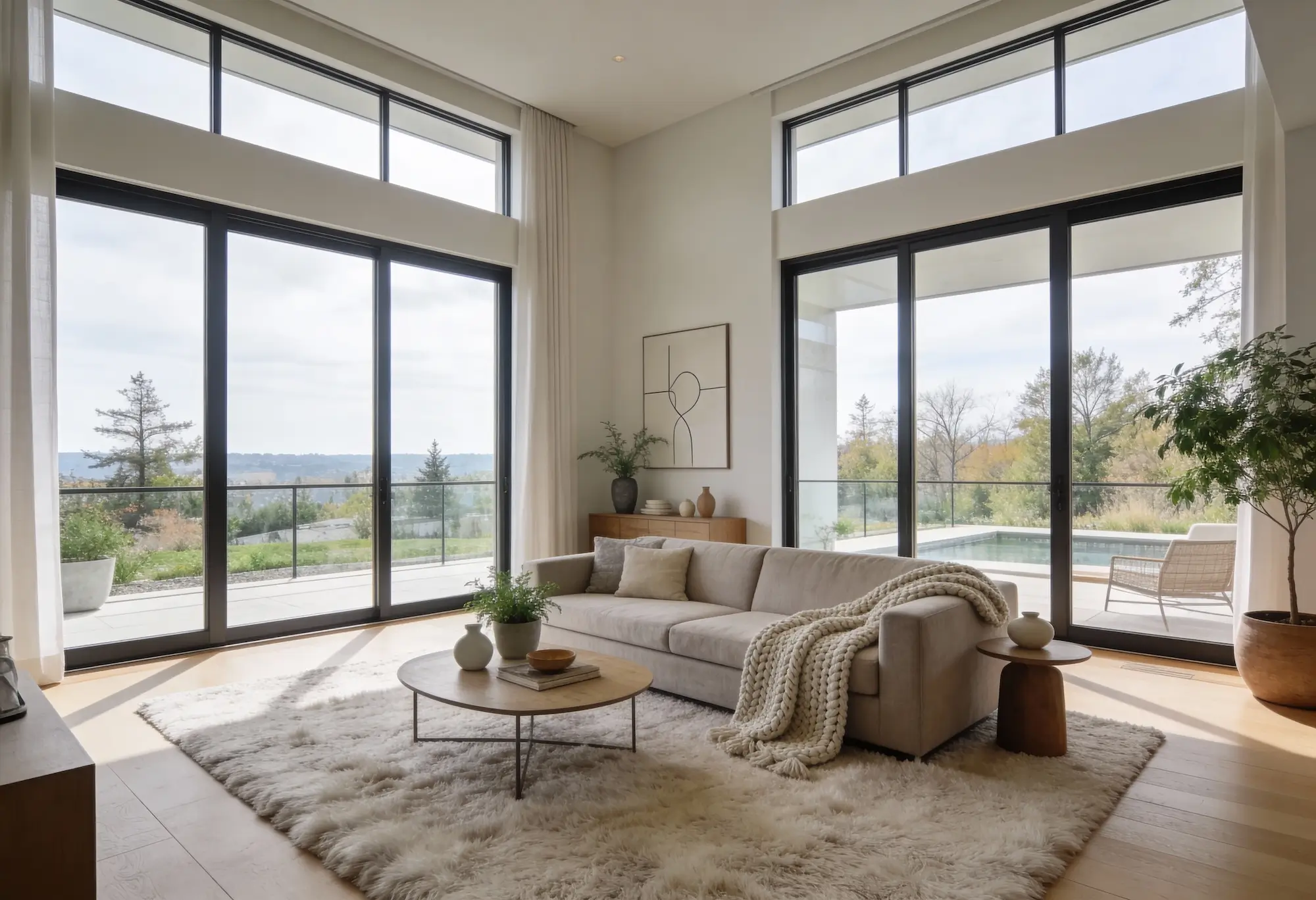 Luminoso salón con grandes ventanales, un sofá beige, una mesa de centro redonda sobre una alfombra shag, decoración minimalista y vistas a los árboles y a la piscina exterior.