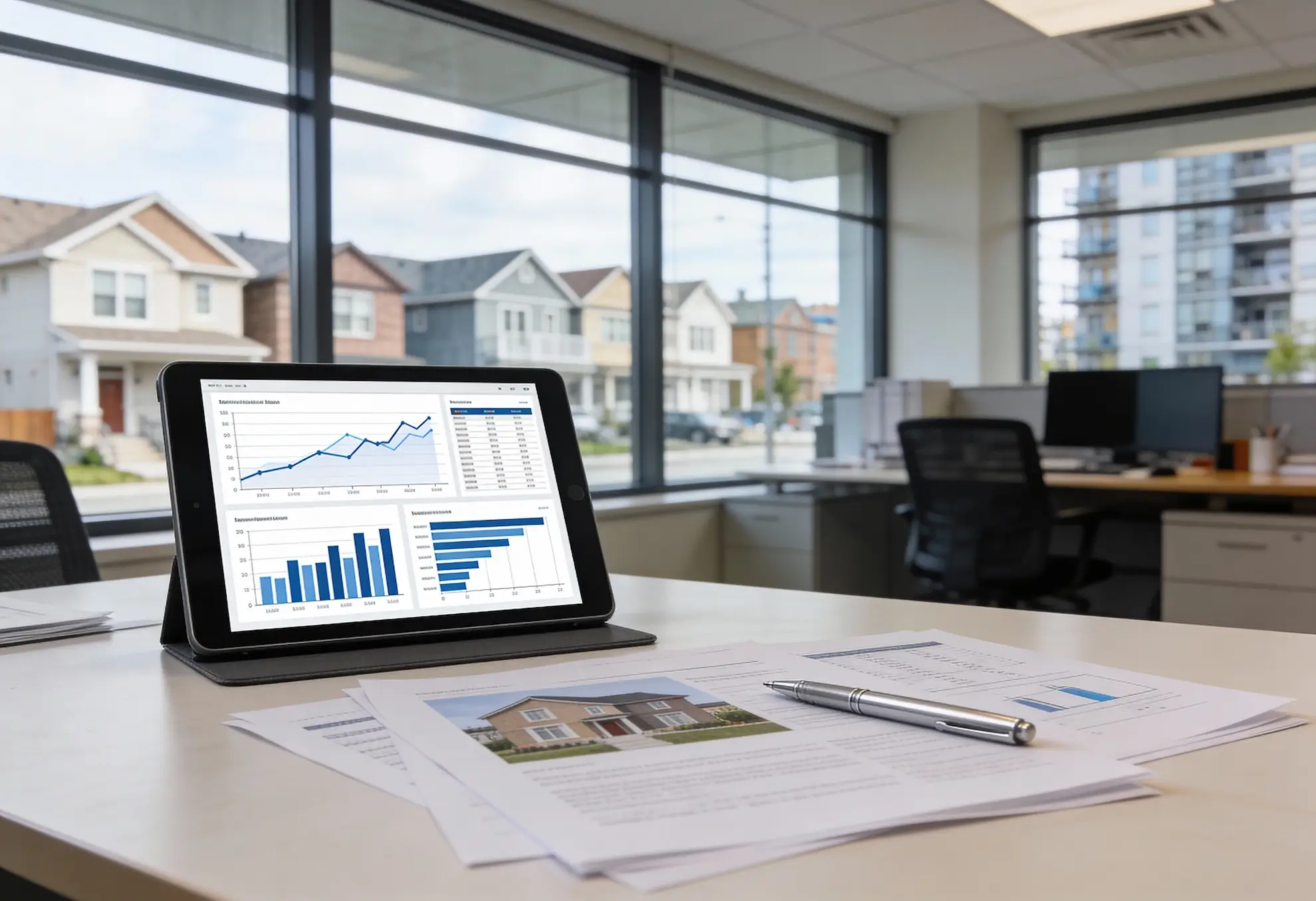 Una tableta con tablas y gráficos financieros sobre un escritorio con documentos y un bolígrafo en una oficina, con edificios residenciales visibles a través de grandes ventanales.