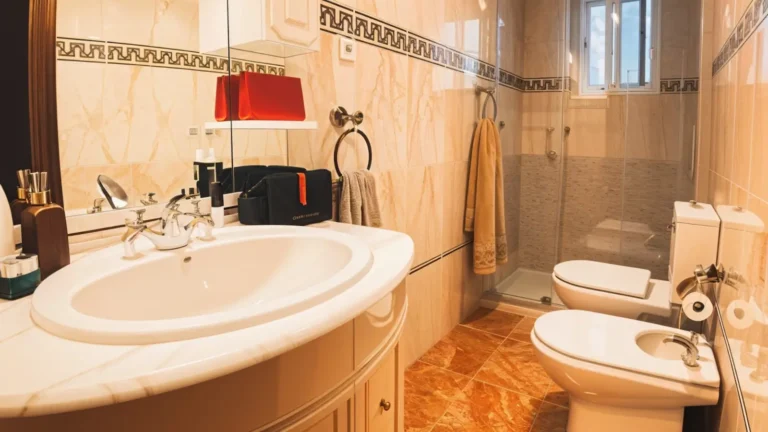 Un cuarto de baño con lavabo, espejo, artículos de tocador, toallero, inodoro, bidé y ducha acristalada con azulejos beige y ventana.