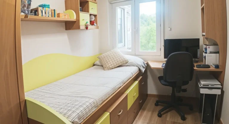 Un dormitorio pequeño y ordenado con una cama individual, cajones empotrados, estanterías, una ventana y un escritorio con un ordenador y una silla de oficina.