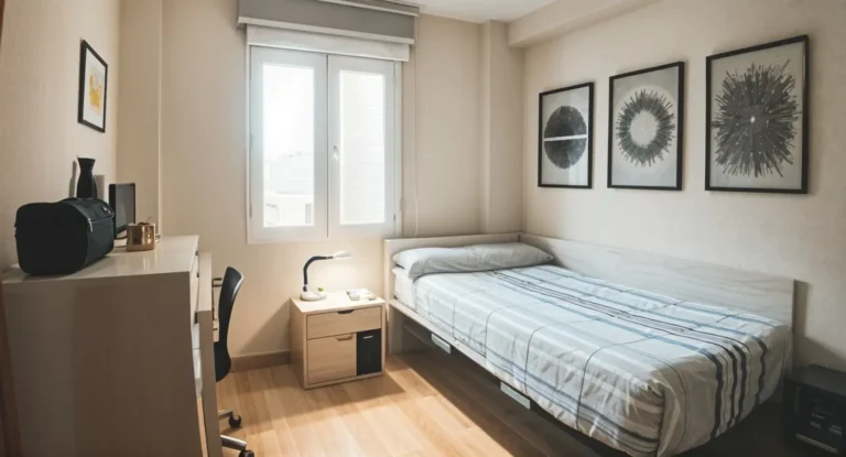 Un dormitorio pulcramente organizado con una cama individual, un escritorio con una lámpara y un ordenador, una ventana y tres obras de arte abstracto en la pared.