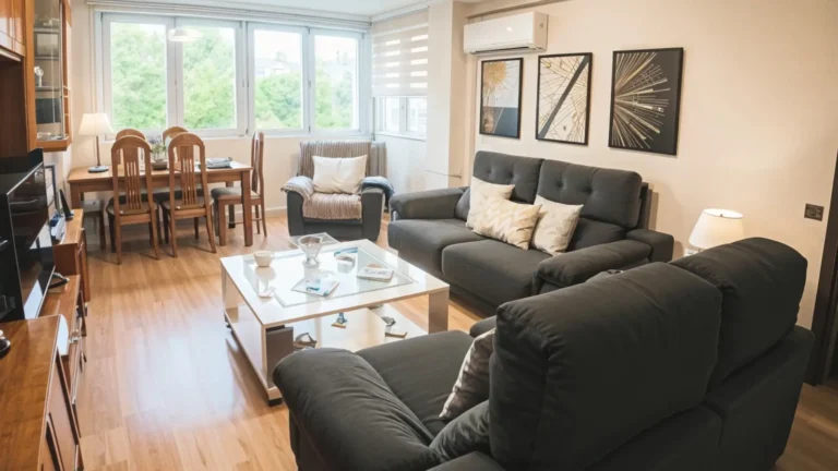 Moderno salón con sofás oscuros, mesa de centro de cristal, zona de comedor para cuatro, grandes ventanales con persianas, obras de arte en la pared y suelos de madera.