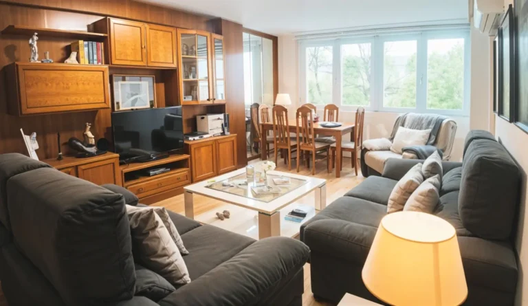 Un salón con sofás oscuros, una mesa de centro, un televisor sobre un mueble de madera y una zona de comedor junto a grandes ventanales con árboles visibles en el exterior.
