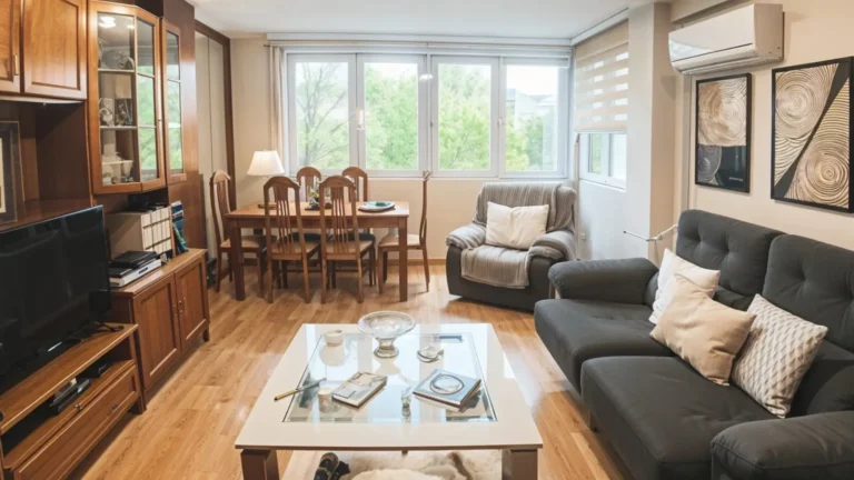 Un luminoso salón con sofá gris, sillón, mesa de centro de cristal, televisor, armarios de madera, mesa de comedor, grandes ventanales y cuadros en la pared.