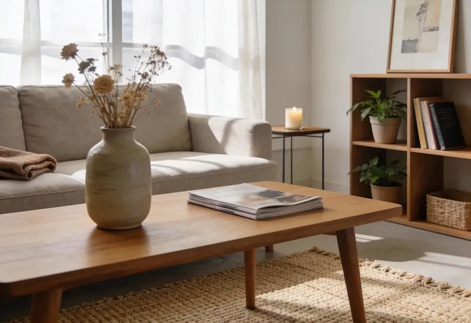 Un salón con un sofá beige, una mesa de centro de madera con un jarrón de flores secas y revistas, una alfombra tejida, una estantería con libros y plantas, y una vela encendida en una mesa auxiliar.
